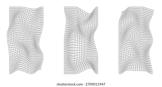 Cuadrícula cuadrada distorsionada. Textura de malla deformada. Elementos de diseño punk retro. Rejilla de geometría de onda de alambre. Elementos de malla curvada. Ilustración vectorial
