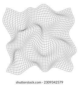 Distorted square grid. Wireframe wave geometry grid. Warped mesh texture. Curved mesh elements. Vector illustration