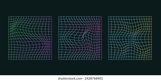 Verzerrtes quadratisches Neongitter 80er Jahre Stil Set. Futuristische Oberfläche karierte Hintergründe.