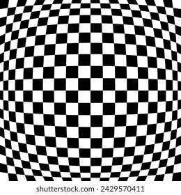 Distorted squares dance across warped canvas, a fish-eye view's playful twist on the classic checkerboard