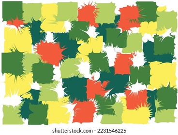 Distorted squares. Splashes and drops. Colorful background. Green, yellow, orange and white colors. Print, textile, fabric. Spray.