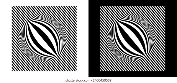 Fondo de rayas distorsionadas para cualquier diseño. Forma negra sobre un fondo blanco y la misma forma blanca sobre el lado negro.