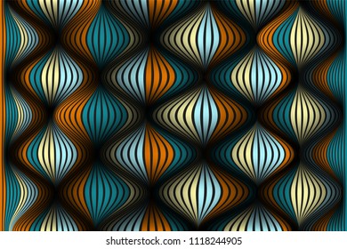 Distorted Striped Surface. Wavy Lines and Gradient Mesh. Trendy Abstract Background. Futuristic Template with Effect of Volume and Movement. Flow. Wavy 3D Abstraction with Distortion of Vector Lines.