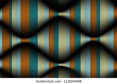 Distorted Striped Surface. Wavy Lines and Gradient Mesh. Trendy Abstract Background. Futuristic Template with Effect of Volume and Movement. Flow. Wavy 3D Abstraction with Distortion of Vector Lines.