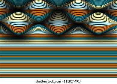 Distorted Striped Surface. Wavy Lines and Gradient Mesh. Trendy Abstract Background. Futuristic Template with Effect of Volume and Movement. Flow. Wavy 3D Abstraction with Distortion of Vector Lines.
