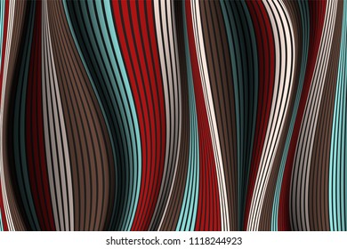 Distorted Striped Surface. Wavy Lines and Gradient Mesh. Trendy Abstract Background. Futuristic Template with Effect of Volume and Movement. Flow. Wavy 3D Abstraction with Distortion of Vector Lines.