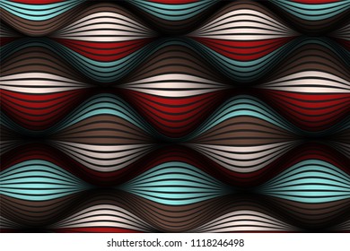 Distorted Striped Surface. Wavy Lines and Gradient Mesh. Trendy Abstract Background. Futuristic Template with Effect of Volume and Movement. Flow. Wavy 3D Abstraction with Distortion of Vector Lines.
