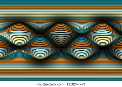 Distorted Striped Surface. Wavy Lines and Gradient Mesh. Trendy Abstract Background. Futuristic Template with Effect of Volume and Movement. Flow. Wavy 3D Abstraction with Distortion of Vector Lines.