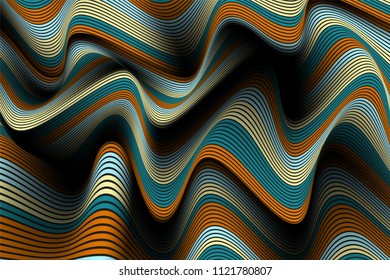 Distorted Striped Surface. Wavy Lines and Gradient Mesh. Trendy Abstract Background. Futuristic Template with Effect of Volume and Movement. Flow. Wavy 3D Abstraction with Distortion of Vector Lines.