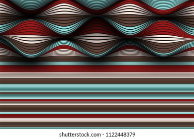 Distorted Striped Surface. Wavy Lines and Gradient Mesh. Trendy Abstract Background. Futuristic Template with Effect of Volume and Movement. Flow. Wavy 3D Abstraction with Distortion of Vector Lines.