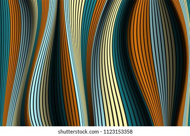 Distorted Striped Surface. Wavy Lines and Gradient Mesh. Trendy Abstract Background. Futuristic Template with Effect of Volume and Movement. Flow. Wavy 3D Abstraction with Distortion of Vector Lines.