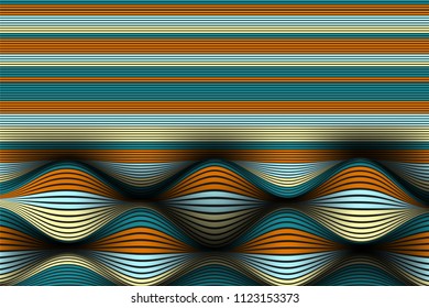 Distorted Striped Surface. Wavy Lines and Gradient Mesh. Trendy Abstract Background. Futuristic Template with Effect of Volume and Movement. Flow. Wavy 3D Abstraction with Distortion of Vector Lines.