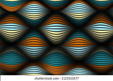 Distorted Striped Surface. Wavy Lines and Gradient Mesh. Trendy Abstract Background. Futuristic Template with Effect of Volume and Movement. Flow. Wavy 3D Abstraction with Distortion of Vector Lines.