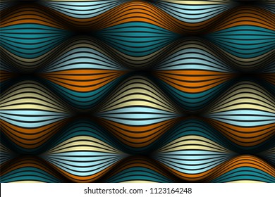Distorted Striped Surface. Wavy Lines and Gradient Mesh. Trendy Abstract Background. Futuristic Template with Effect of Volume and Movement. Flow. Wavy 3D Abstraction with Distortion of Vector Lines.