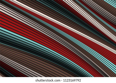 Distorted Striped Surface. Wavy Lines and Gradient Mesh. Trendy Abstract Background. Futuristic Template with Effect of Volume and Movement. Flow. Wavy 3D Abstraction with Distortion of Vector Lines.
