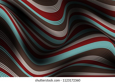 Distorted Striped Surface. Wavy Lines and Gradient Mesh. Trendy Abstract Background. Futuristic Template with Effect of Volume and Movement. Flow. Wavy 3D Abstraction with Distortion of Vector Lines.