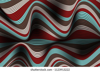 Distorted Striped Surface. Wavy Lines and Gradient Mesh. Trendy Abstract Background. Futuristic Template with Effect of Volume and Movement. Flow. Wavy 3D Abstraction with Distortion of Vector Lines.