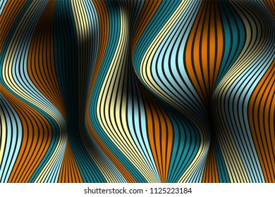 Distorted Striped Surface. Wavy Lines and Gradient Mesh. Trendy Abstract Background. Futuristic Template with Effect of Volume and Movement. Flow. Wavy 3D Abstraction with Distortion of Vector Lines.