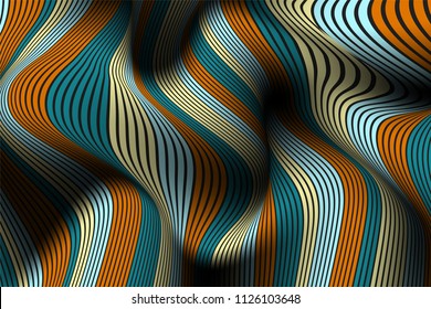 Distorted Striped Surface. Wavy Lines and Gradient Mesh. Trendy Abstract Background. Futuristic Template with Effect of Volume and Movement. Flow. Wavy 3D Abstraction with Distortion of Vector Lines.