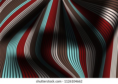 Distorted Striped Surface. Wavy Lines and Gradient Mesh. Trendy Abstract Background. Futuristic Template with Effect of Volume and Movement. Flow. Wavy 3D Abstraction with Distortion of Vector Lines.