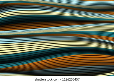 Distorted Striped Surface. Wavy Lines and Gradient Mesh. Trendy Abstract Background. Futuristic Template with Effect of Volume and Movement. Flow. Wavy 3D Abstraction with Distortion of Vector Lines.