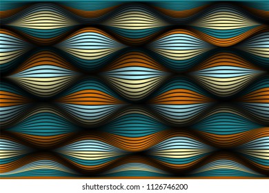 Distorted Striped Surface. Wavy Lines and Gradient Mesh. Trendy Abstract Background. Futuristic Template with Effect of Volume and Movement. Flow. Wavy 3D Abstraction with Distortion of Vector Lines.