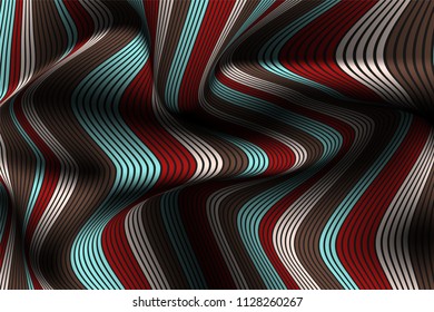 Distorted Striped Surface. Wavy Lines and Gradient Mesh. Trendy Abstract Background. Futuristic Template with Effect of Volume and Movement. Flow. Wavy 3D Abstraction with Distortion of Vector Lines.