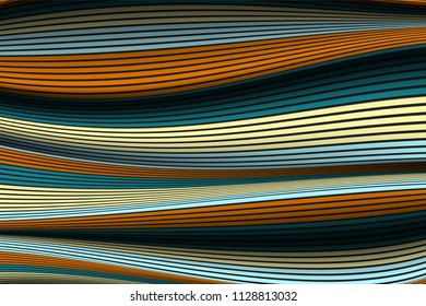 Distorted Striped Surface. Wavy Lines and Gradient Mesh. Trendy Abstract Background. Futuristic Template with Effect of Volume and Movement. Flow. Wavy 3D Abstraction with Distortion of Vector Lines.