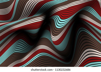 Distorted Striped Surface. Wavy Lines and Gradient Mesh. Trendy Abstract Background. Futuristic Template with Effect of Volume and Movement. Flow. Wavy 3D Abstraction with Distortion of Vector Lines.