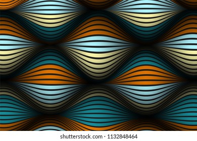 Distorted Striped Surface. Wavy Lines and Gradient Mesh. Trendy Abstract Background. Futuristic Template with Effect of Volume and Movement. Flow. Wavy 3D Abstraction with Distortion of Vector Lines.