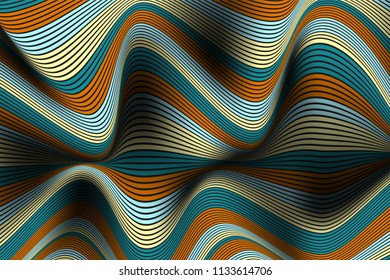 Distorted Striped Surface. Wavy Lines and Gradient Mesh. Trendy Abstract Background. Futuristic Template with Effect of Volume and Movement. Flow. Wavy 3D Abstraction with Distortion of Vector Lines.