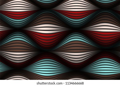 Distorted Striped Surface. Wavy Lines and Gradient Mesh. Trendy Abstract Background. Futuristic Template with Effect of Volume and Movement. Flow. Wavy 3D Abstraction with Distortion of Vector Lines.