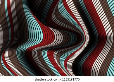 Distorted Striped Surface. Wavy Lines and Gradient Mesh. Trendy Abstract Background. Futuristic Template with Effect of Volume and Movement. Flow. Wavy 3D Abstraction with Distortion of Vector Lines.