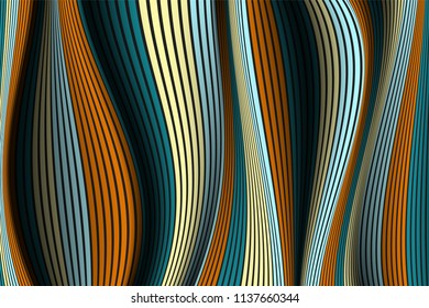 Distorted Striped Surface. Wavy Lines and Gradient Mesh. Trendy Abstract Background. Futuristic Template with Effect of Volume and Movement. Flow. Wavy 3D Abstraction with Distortion of Vector Lines.