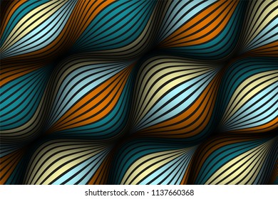 Distorted Striped Surface. Wavy Lines and Gradient Mesh. Trendy Abstract Background. Futuristic Template with Effect of Volume and Movement. Flow. Wavy 3D Abstraction with Distortion of Vector Lines.