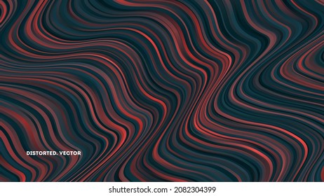 Distorted Stripes Vector Colorful Red Blue Gradient Abstract Background. Wavy Distortion Movement Optical Illusion Psychedelic Wallpaper. Smooth Curved Lines Modern Graphical Surreal Art Illustration