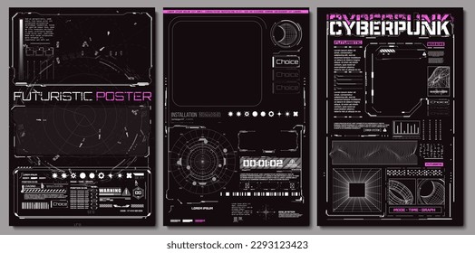 Distorted structures, black and white retro cyberpunk style. Futuristic info boxes layout templates. Cyberpunk future geometric designs. 90s retro retrofuturistic surreal cover set. Vector illustratin