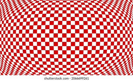 Distorted surface. Chess background with distortion. Optical illusion banner. Op art backdrop. Vector illustration. Checkered curved pattern.