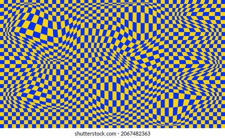 Distorted surface. Chess background with distortion. Optical illusion banner. Op art backdrop. Vector illustration. Checkered curved pattern.
