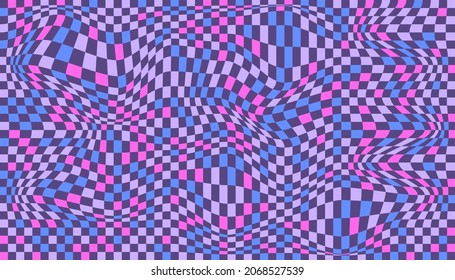 Distorted surface. Chess background with distortion. Optical illusion banner. Op art backdrop. Vector illustration. Checkered curved pattern.
