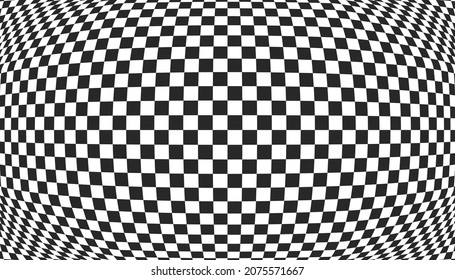Distorted surface. Chess background with distortion. Optical illusion banner. Op art backdrop. Vector illustration. Checkered curved pattern.