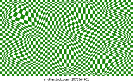 Distorted surface. Chess background with distortion. Optical illusion banner. Op art backdrop. Vector illustration. Checkered curved pattern.