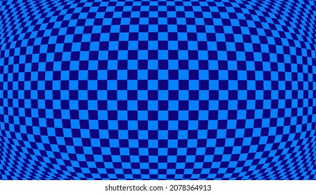 Distorted surface. Chess background with distortion. Optical illusion banner. Op art backdrop. Vector illustration. Checkered curved pattern.