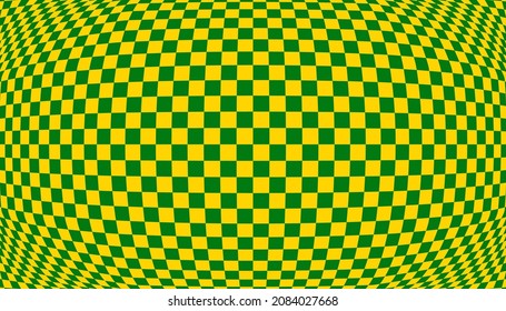 Distorted surface. Chess background with distortion. Optical illusion banner. Op art backdrop. Vector illustration. Checkered curved pattern.