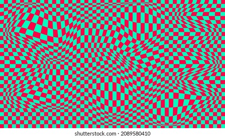 Distorted surface. Chess background with distortion. Optical illusion banner. Op art backdrop. Vector illustration. Checkered curved pattern.