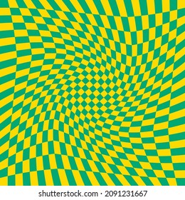 Distorted surface. Chess background with distortion. Optical illusion banner. Op art backdrop. Vector illustration. Checkered curved pattern.