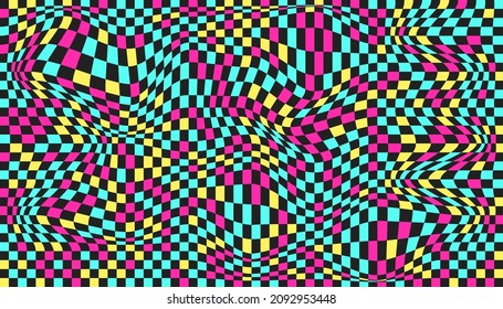 Distorted surface. Chess background with distortion. Optical illusion banner. Op art backdrop. Vector illustration. Checkered curved pattern.