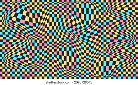 Distorted surface. Chess background with distortion. Optical illusion banner. Op art backdrop. Vector illustration. Checkered curved pattern.
