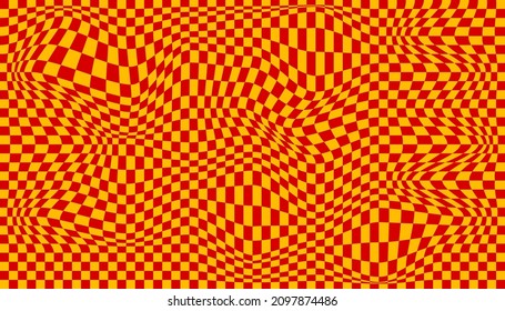 Distorted surface. Chess background with distortion. Optical illusion banner. Op art backdrop. Vector illustration. Checkered curved pattern.