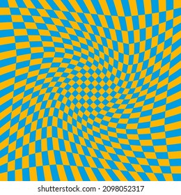 Distorted surface. Chess background with distortion. Optical illusion banner. Op art backdrop. Vector illustration. Checkered curved pattern.